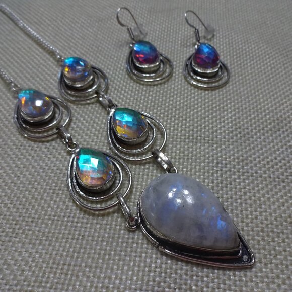 Beautiful RAINBOW MOONSTONE & RAINBOW TOPAZ Handmade Necklace & Earrings #42C - Picture 1 of 3